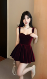 Hepburn A-Line Spaghetti Strap Velvet Short Prom Dress, Burgundy Homecoming Dresses HZ1024