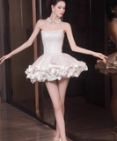 Ball Gown Strapless Satin Short Prom Dress, White Homecoming Dresses HZ1024
