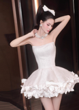 Ball Gown Strapless Satin Short Prom Dress, White Homecoming Dresses HZ1024