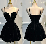 Sweetheart A-Line Velvet Beaded Homecoming Dresses, Black Short Prom Dress HZ1024