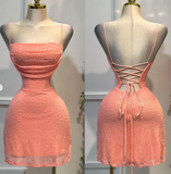 Spaghetti Strap Sheath Tulle Beaded Homecoming Dresses, Coral Short Backless Prom Dress HZ1024