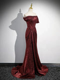 Off Shoulder Burgundy Long Prom Dress, Burgundy Long Formal Dress HZ1024