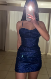 Spaghetti Strap Sheath Tulle Homecoming Dresses, Navy Blue Short Prom Dress HZ1024