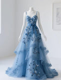 Spaghetti Strap A-Line Tulle Applique Long Prom Dresses Blue Formal Dresses HZ1024