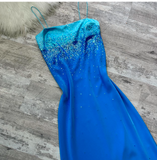 Spaghetti Strap Sheath Chiffon Sequin Long Prom Dresses Blue Wedding Guest Dresses HZ1024