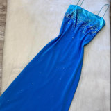 Spaghetti Strap Sheath Chiffon Sequin Long Prom Dresses Blue Wedding Guest Dresses HZ1024