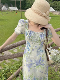 floral pastoral style puff sleeve square neck dress HZ1024