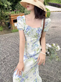 floral pastoral style puff sleeve square neck dress HZ1024
