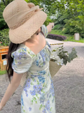floral pastoral style puff sleeve square neck dress HZ1024