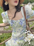 floral pastoral style puff sleeve square neck dress HZ1024