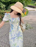 floral pastoral style puff sleeve square neck dress HZ1024