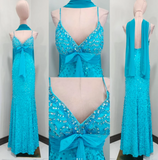 Spaghetti Straps Sheath Beaded Chiffon Long Prom Dresses, Blue Formal Evening Dresses HZ1024