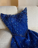 Strapless Sheath Tulle Beaded Long Prom Dresses, Royal Blue Formal Evening Dresses HZ1024