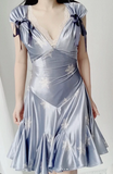 V neck Sheath Satin Short Prom Dresses, Gray Blue Homecoming Dresses HZ1024