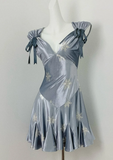 V neck Sheath Satin Short Prom Dresses, Gray Blue Homecoming Dresses HZ1024