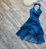 V-neck A-Line Chiffon Homecoming Dresses, Short Blue Fairy Prom Dresses HZ1024