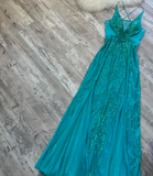 Turquoise Empire Dress Sparkly Chiffon Sequins V-Neck Long Prom Dresses HZ1024
