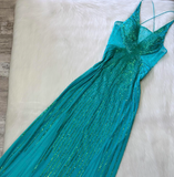 Turquoise Empire Dress Sparkly Chiffon Sequins V-Neck Long Prom Dresses HZ1024