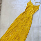 Gorgeous Sheath Chiffon Beaded Long Prom Dresses, V-neck Yellow Backless Formal Evening Dress HZ1024
