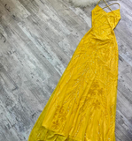 Gorgeous Sheath Chiffon Beaded Long Prom Dresses, V-neck Yellow Backless Formal Evening Dress HZ1024