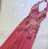 Hot Pink Sheath Chiffon Long Prom Dresses, Halter Neck Backless Evening Dress HZ1024