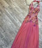 Hot Pink Sheath Chiffon Long Prom Dresses, Halter Neck Backless Evening Dress HZ1024