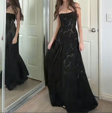 Sheath Spaghetti Strap Long Prom Dress Applique Black Formal Evening Dress HZ1024
