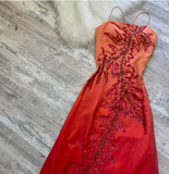 Sheath Spaghetti Strap Prom Dress Satin Beaded Dress Elegant Gradient Red Formal Evening Dress HZ1024