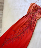 Sheath Spaghetti Strap Prom Dress Satin Beaded Dress Elegant Gradient Red Formal Evening Dress HZ1024