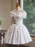 Off Shoulder Satin White Short Prom Dress, White Homecoming Dress HZ1024