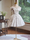 Off Shoulder Satin White Short Prom Dress, White Homecoming Dress HZ1024
