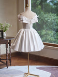 Off Shoulder Satin White Short Prom Dress, White Homecoming Dress HZ1024