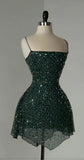 Sheath Spaghetti Strap Formal Dress Short Party Dress Chiffon Dark Green Homecoming Dress HZ1024
