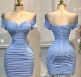 Blue Bodycon Short Birthday Party Dress Off-the-Shoulder Short Sleeve Homecoming Dress HZ1024