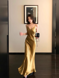 Spaghetti Strap Sheath Satin Birthday Dress Yellow Formal Evening Gowns HZ1024