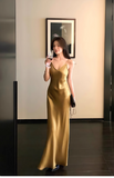 Spaghetti Strap Sheath Satin Birthday Dress Yellow Formal Evening Gowns HZ1024