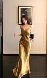 Spaghetti Strap Sheath Satin Birthday Dress Yellow Formal Evening Gowns HZ1024