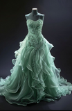 Sweetheart A-Line Tulle Beaded Long Prom Dresses, Green Quinceanera Dresses HZ1024