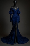 Off-the-shoulder Mermaid Glitter Satin Long Prom Dresses, Blue Formal Evening Gowns HZ1024