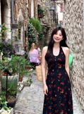 Tea Break Black Print Halter Dress HZ1024