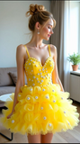 Spaghetti Strap Ball Gown Tulle Short Prom Dress Yellow Homecoming Dress HZ1024