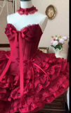 Off-the-shoulder Ball Gown Lace Short Prom Dress Burgundy Birthday Dress Lolita Dress HZ1024