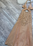 Halter Sheath Chiffon Sequin Long Prom Dress Backless Champagne Formal Evening Dress HZ1024