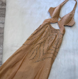 Halter Sheath Chiffon Sequin Long Prom Dress Backless Champagne Formal Evening Dress HZ1024