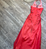 Halter Sheath Chiffon Satin Beaded Long Prom Dress Backless Red Formal Evening Dress HZ1024