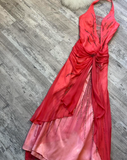 Halter Sheath Chiffon Satin Beaded Long Prom Dress Backless Red Formal Evening Dress HZ1024