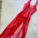 Halter Sheath Chiffon Satin Beaded Long Prom Dress Backless Red Formal Evening Dress HZ1024