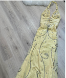 Halter Sheath Chiffon Beaded Long Prom Dress Backless Yellow Formal Evening Dress HZ1024