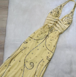 Halter Sheath Chiffon Beaded Long Prom Dress Backless Yellow Formal Evening Dress HZ1024