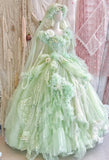 V-neck Ball Gown Tulle Applique Long Prom Dresses Green Sweet 16 Dress HZ1024